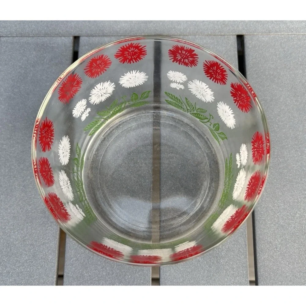 Vintage barware cocktail Hazel Atlas ice bucket bowl red white green flowers EVC